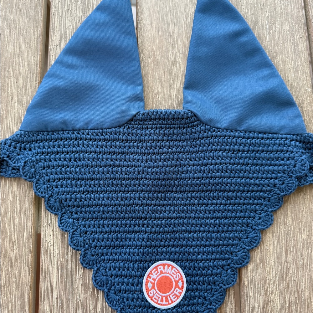 Hermès Navy Blue Crochet Fly Cap with Orange Logo